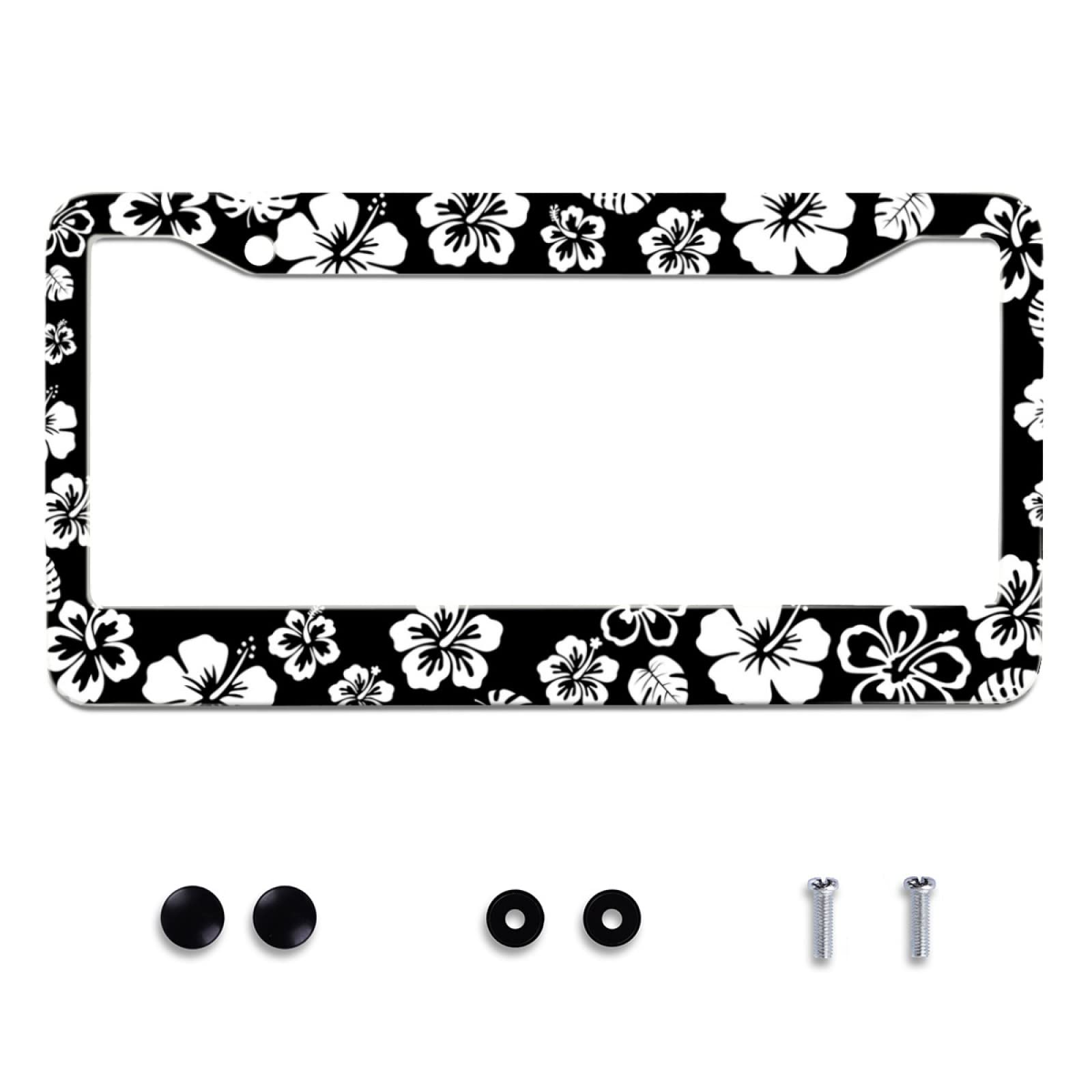 White Hibiscus Hawaii Flowers License Plate Frames Floral Round Hole Personalise License Plate Frame Car Universal Accessories Stainless Steel Cars Decor Fits Standard Us Vehicles Size 12.2 X 6 Inches