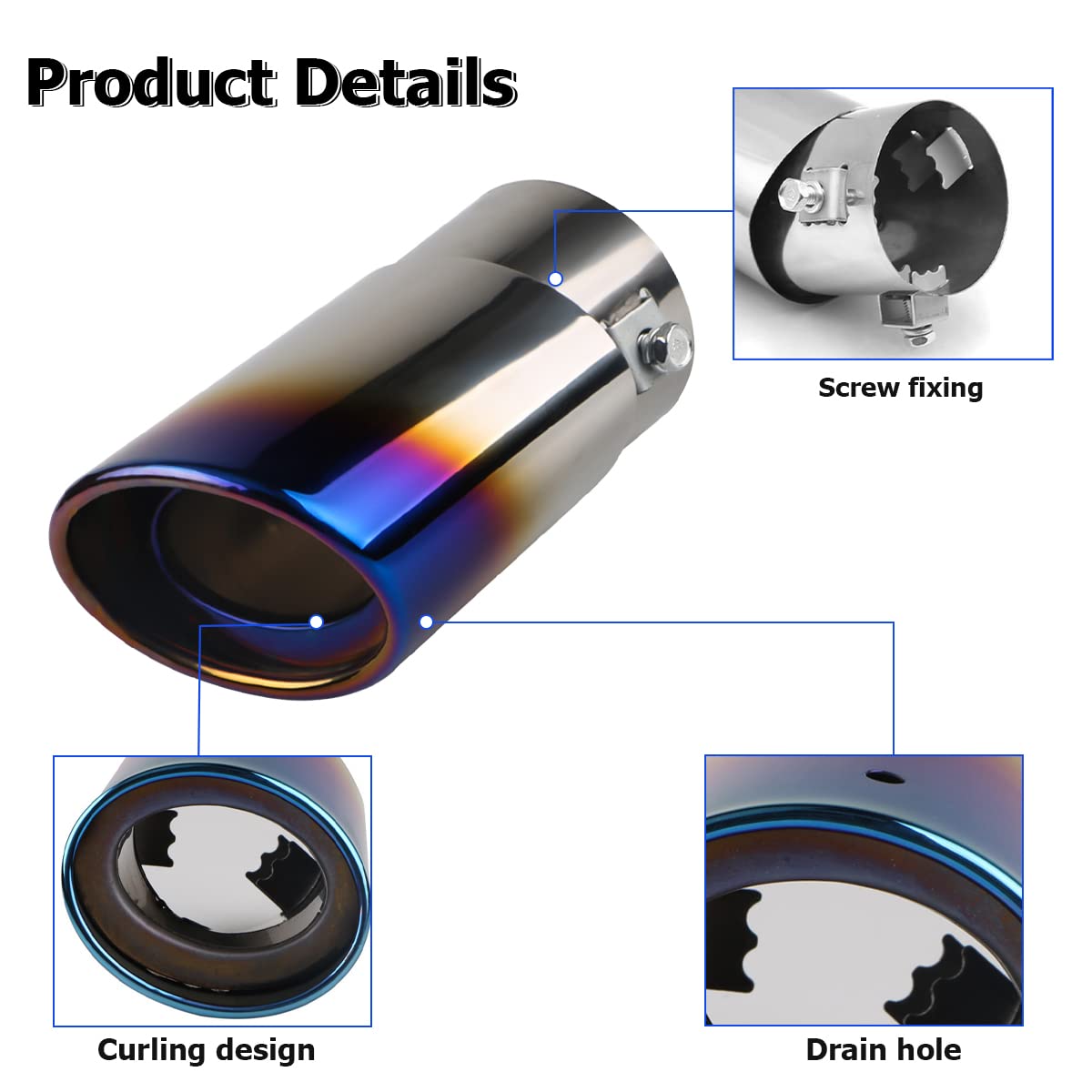 Stainless Steel Car Exhaust Tip, 2.5 To 3.3 Universal Car Exhaust Pipe Modification Tail Throat Tail Pipe, Steel Exhaust Tips Chrome-Plated Finish Tailpipe (Blue/A Style)
