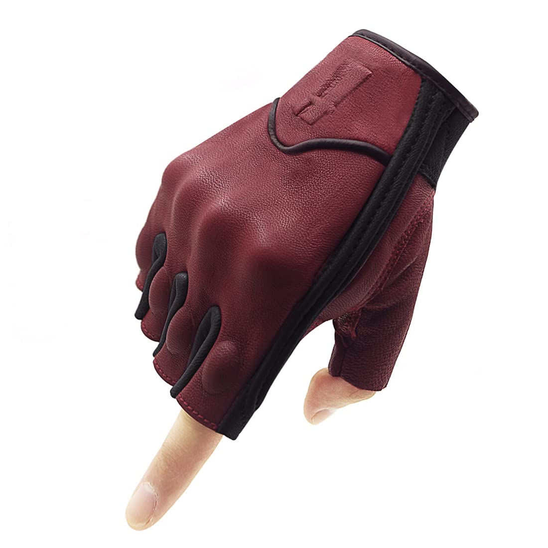Harssidanzar Mens Fingerless Motorcycle Gloves GM037, Goatskin Leather, Size L, Oxblood/Black