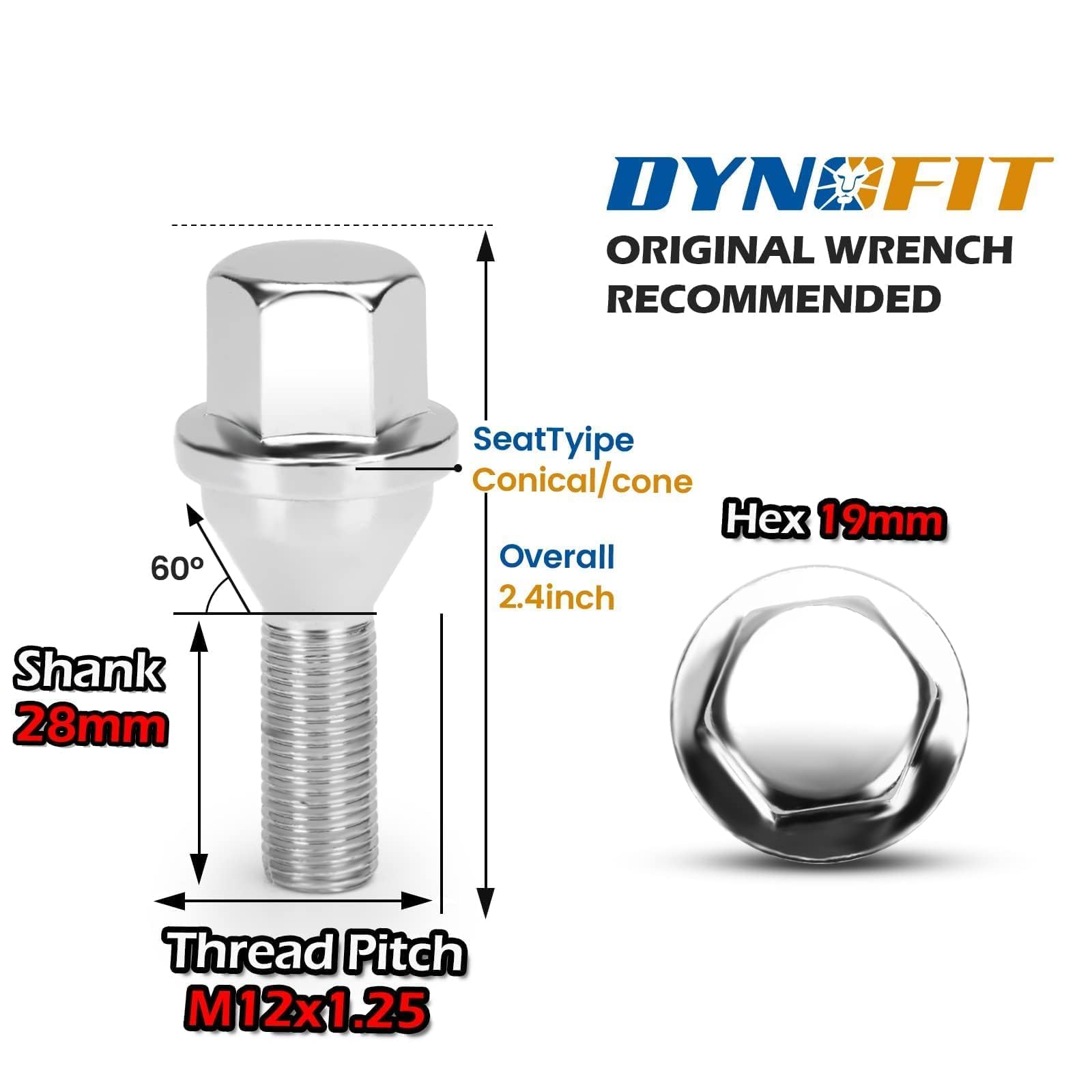 dynofit 12x1.25 OEM/Stock Wheel Lug Bolts, 20pcs ET 28mm Shank 19mm Hex 2.45 inch Length Solid Chrome Studs Set for 2015-2022 Je