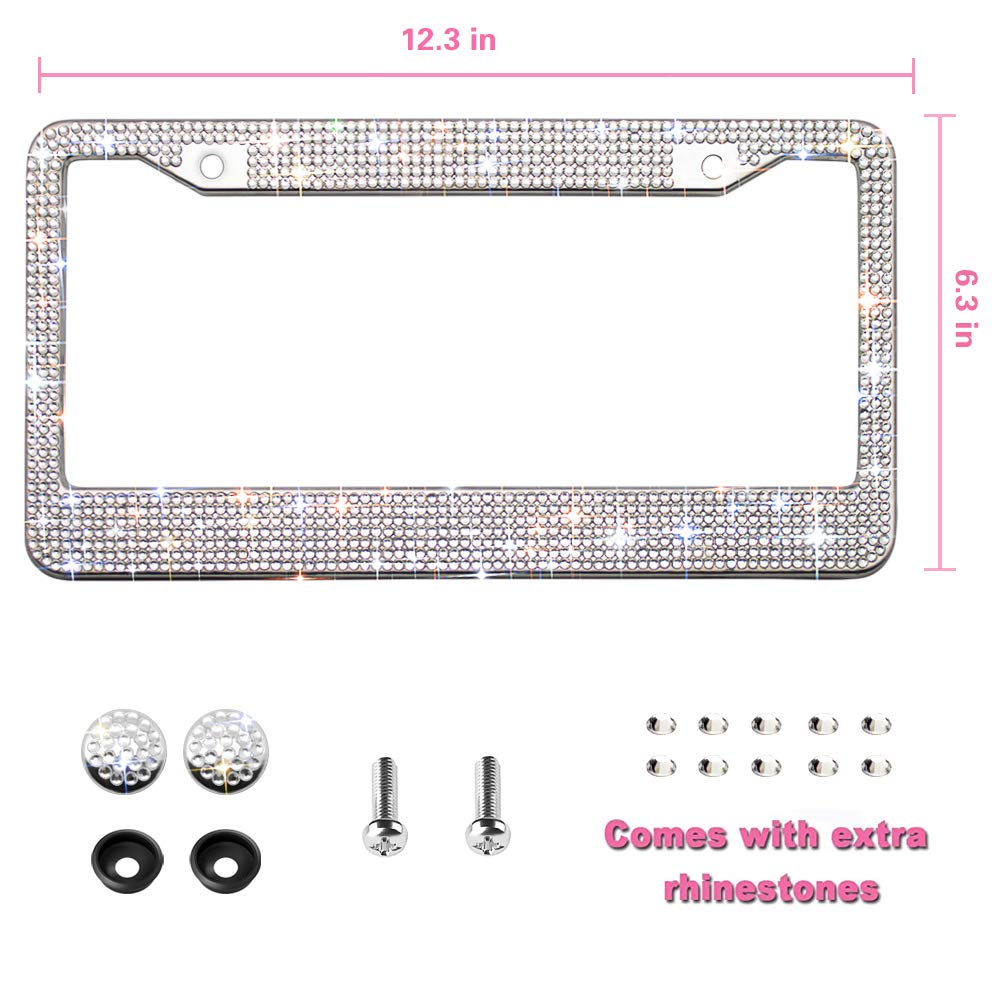 Oklpf Bling License Plate Frame For Women, White Sparkly Stainless Steel License Plate Frames| Over 1200 Pcs 14 Facets Bedazzled