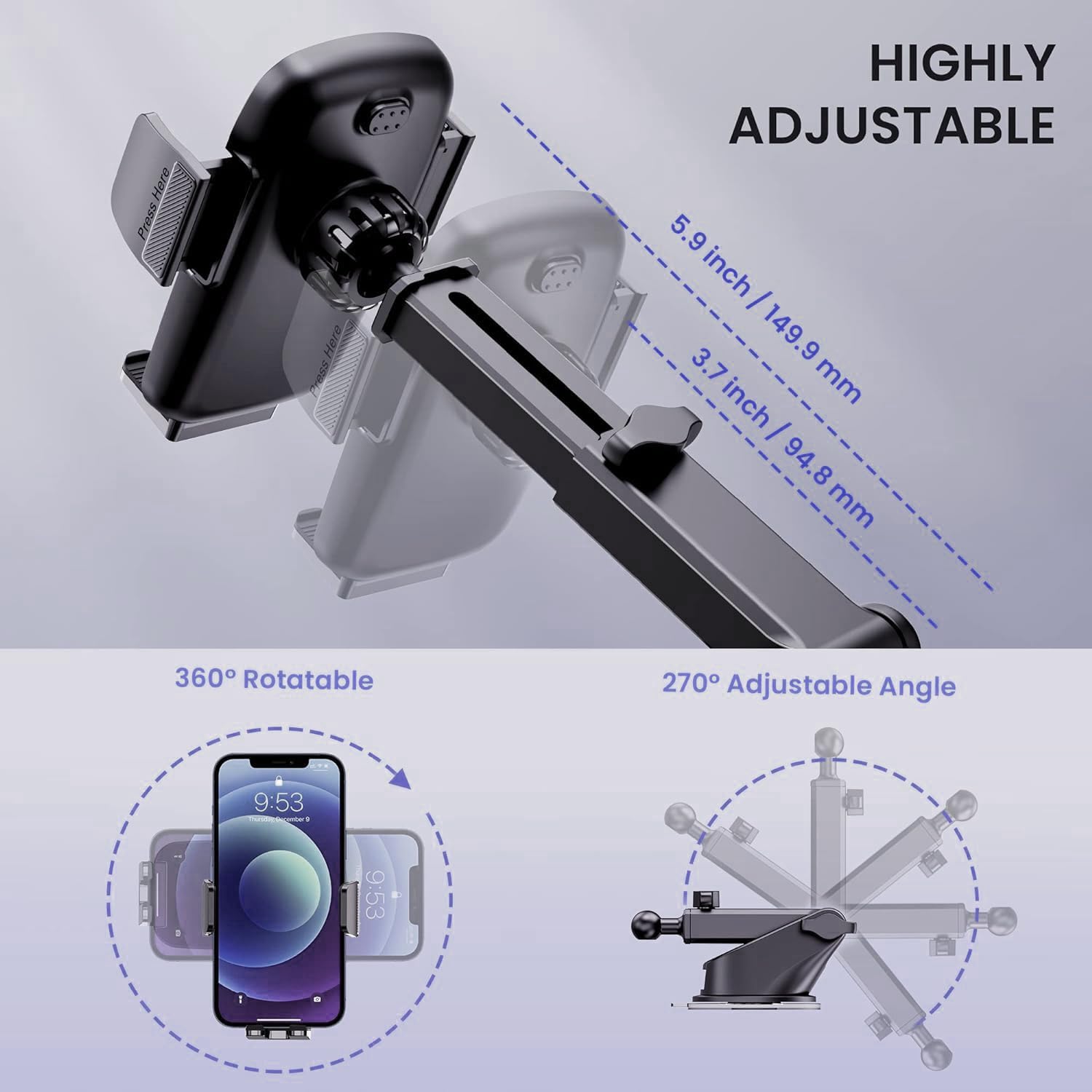 Qifutan Military-Grade Car Phone Holder - [Ultra Strong Suction] 3-in-1 Phone Mount for Dashboard, Windshield & Air Vent, Super