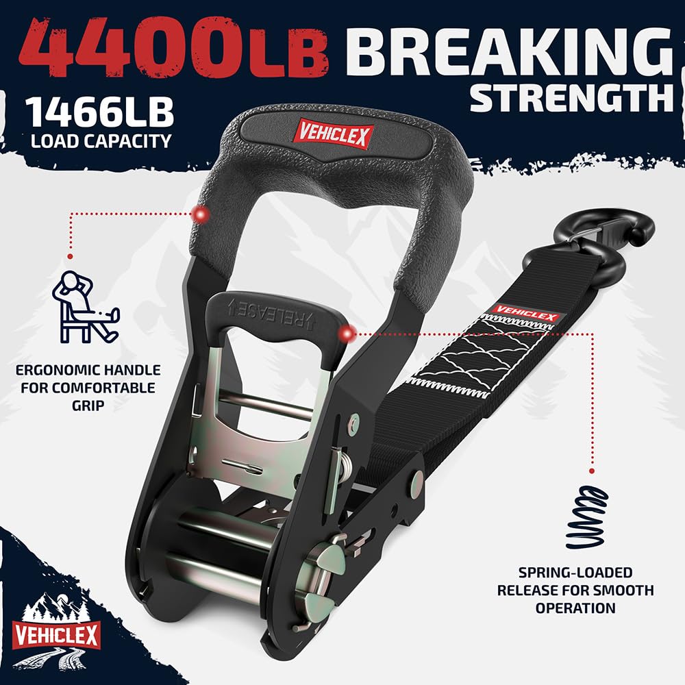 Motorcycle Ratchet Tie Down Straps With Soft Loops - Vehiclex 4Pk Heavy Duty 1.5'' X 15Ft Kit, 4,400 Lb Breaking Strength For Po