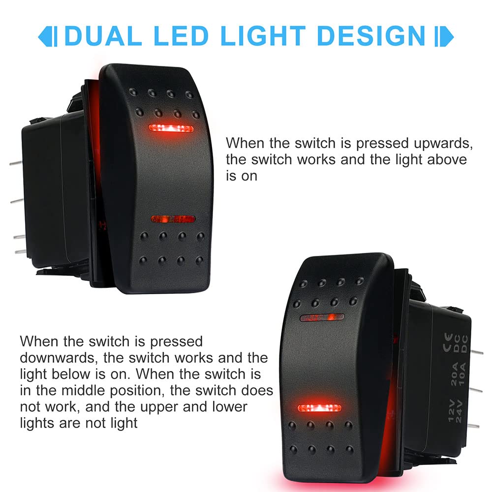 Hokaaer Waterproof Rocker Switch Toggle On-Off-On 12V/20A 24V/10A 7Pin Dpdt Red Led Light, With Jumper Wires Set For Marine Boat Car Truck Trailer 4X4 Caravan Rv Suv Atv Utv