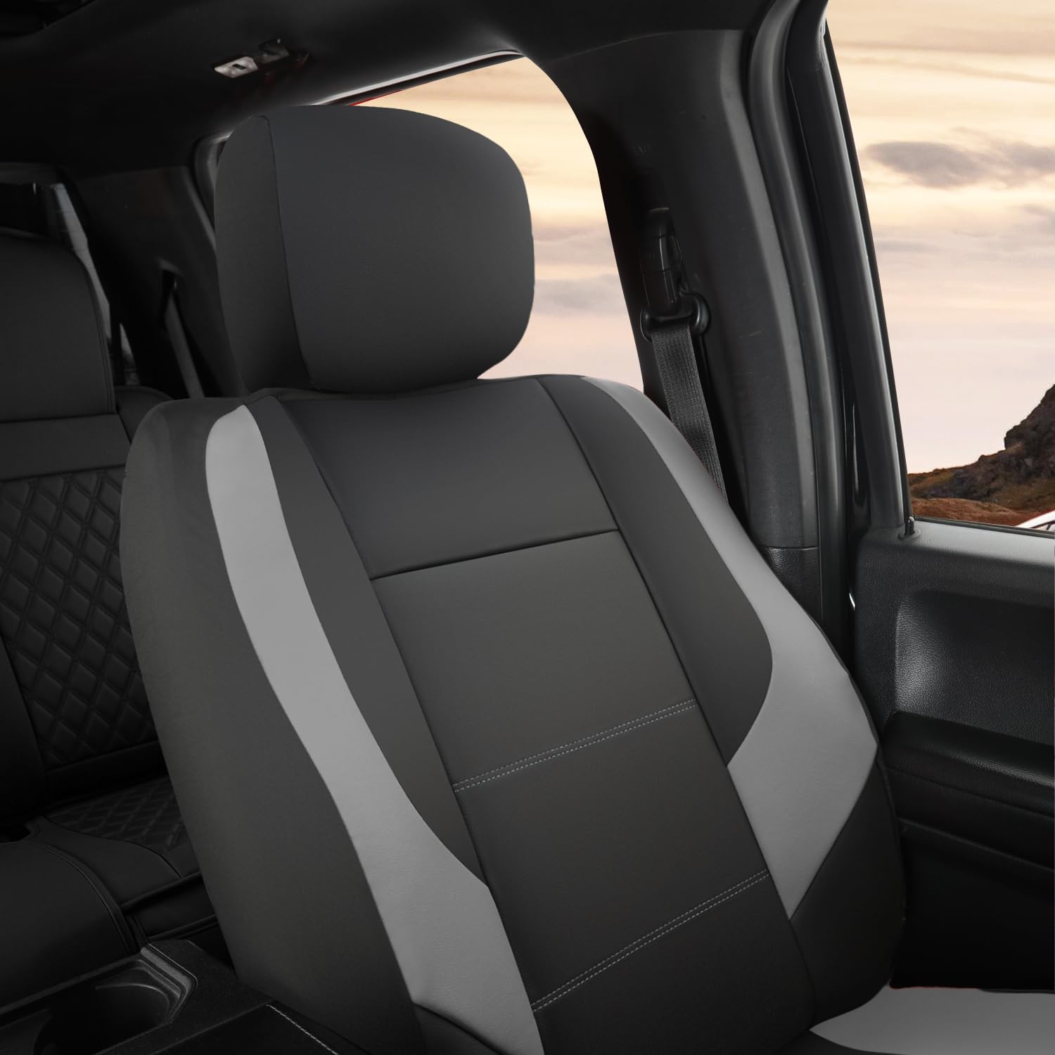 Giant Panda Front Car Seat Cover For Ford F150, Leather Bucket Seat Covers Custom Fit Ford F250 F350 (Grey+Black) 2 - Pack