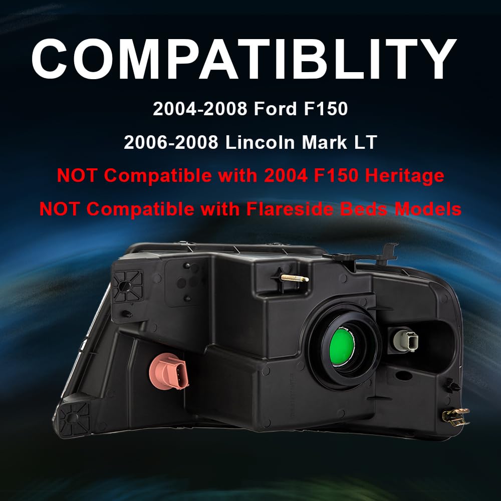 Cheda Headlights Assembly Compatible With 2004-2008 Ford F150/2006-2008 Lincoln Mark Lt Bumper Headlamp, Chrome Housing Halogen(