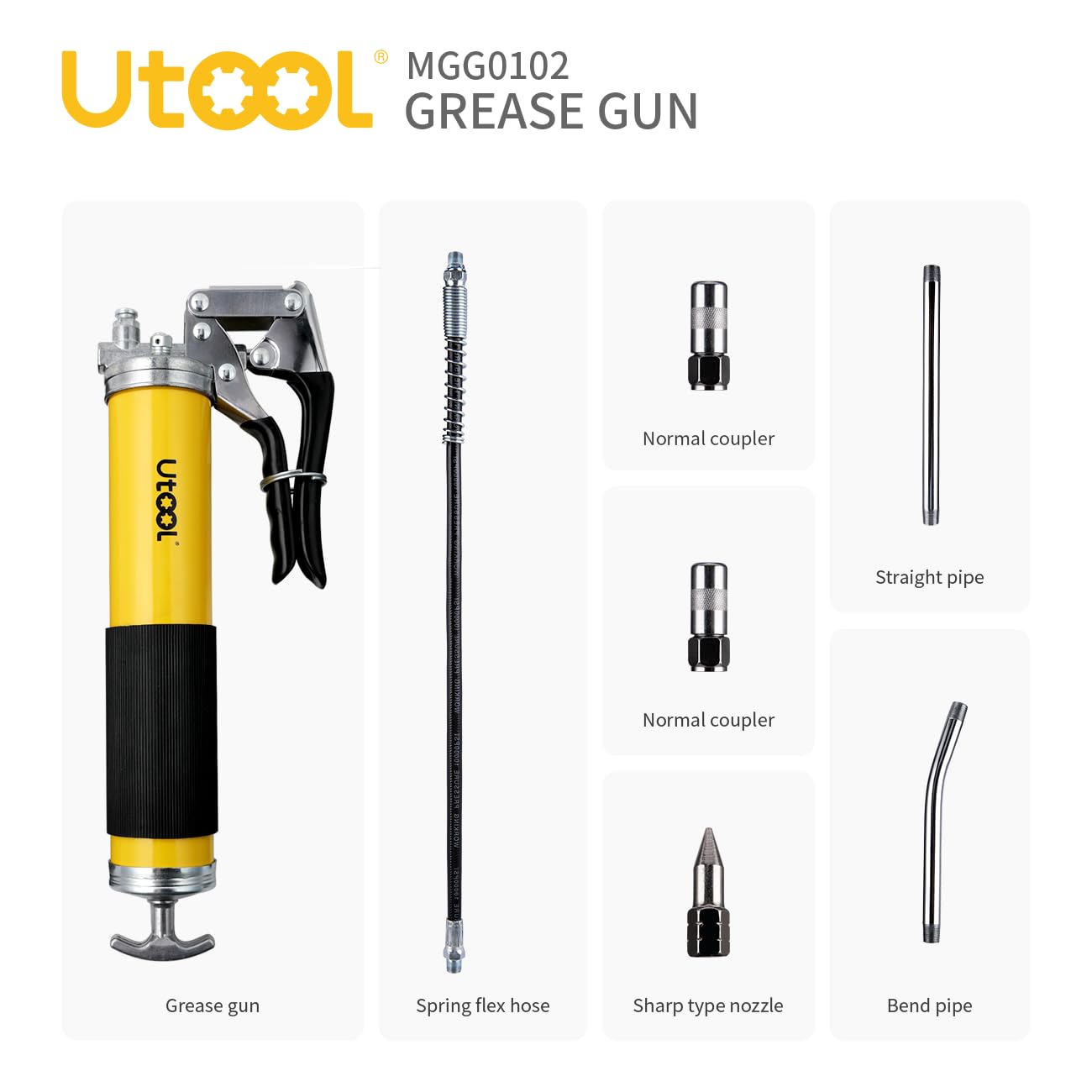 Utool Grease Gun, 8000 Psi Heavy Duty Pistol Grip Grease Gun Set With 14 Oz Load, 18 Inch Spring Flex Hose, 2 Working Coupler, 2