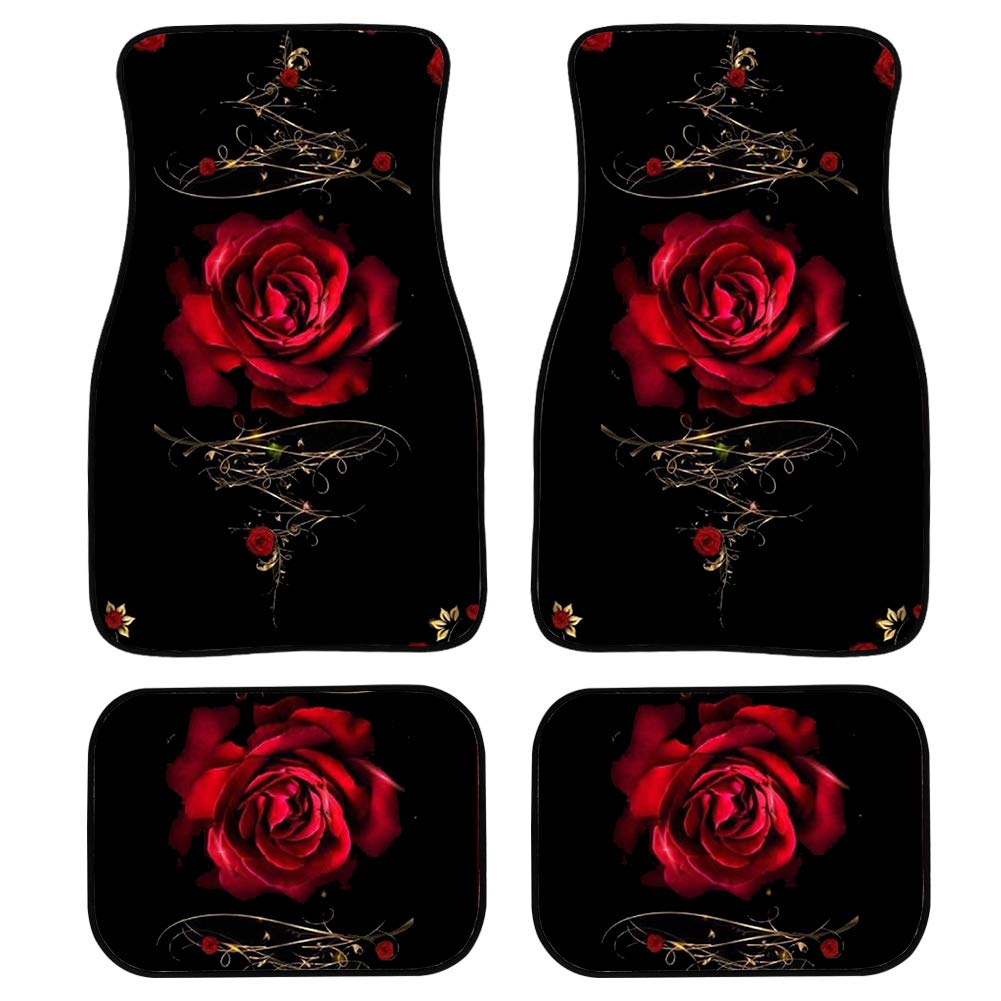 FUIBENG Red Rose Auto Floor Mat Floral Car Front & Back Floor Carpet Non Slip Anti Dirty Foot Pad Rug Automotive Rose Accessorie