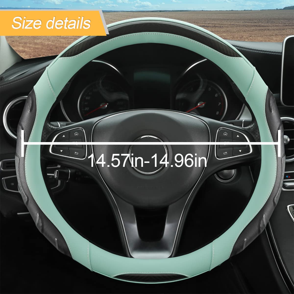 Leather Steering Wheel Cover, Auto Car Stretch Steering Wheel Protector, Universal 15 Inch Anti-Slip Breathable Odorless Steering Wheel Cover For Men Women (Black/Blue)