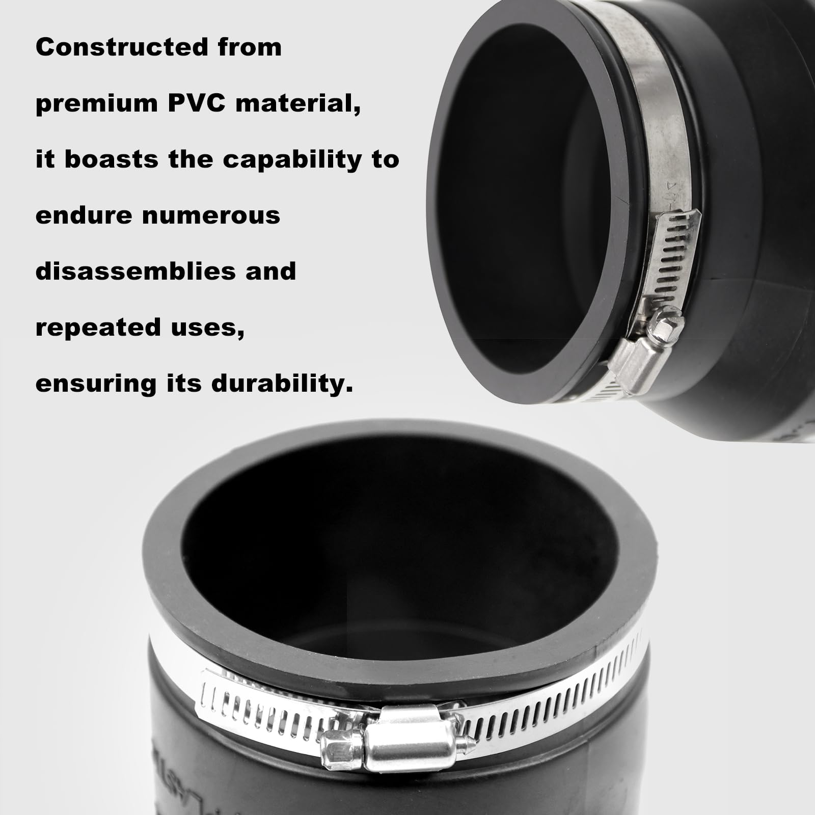 Rulline 4'' to 3'' & 3'' to 3'' Black PVC Reducer & Coupler with 4 Clamps - RV Plumbing Fittings Adapter