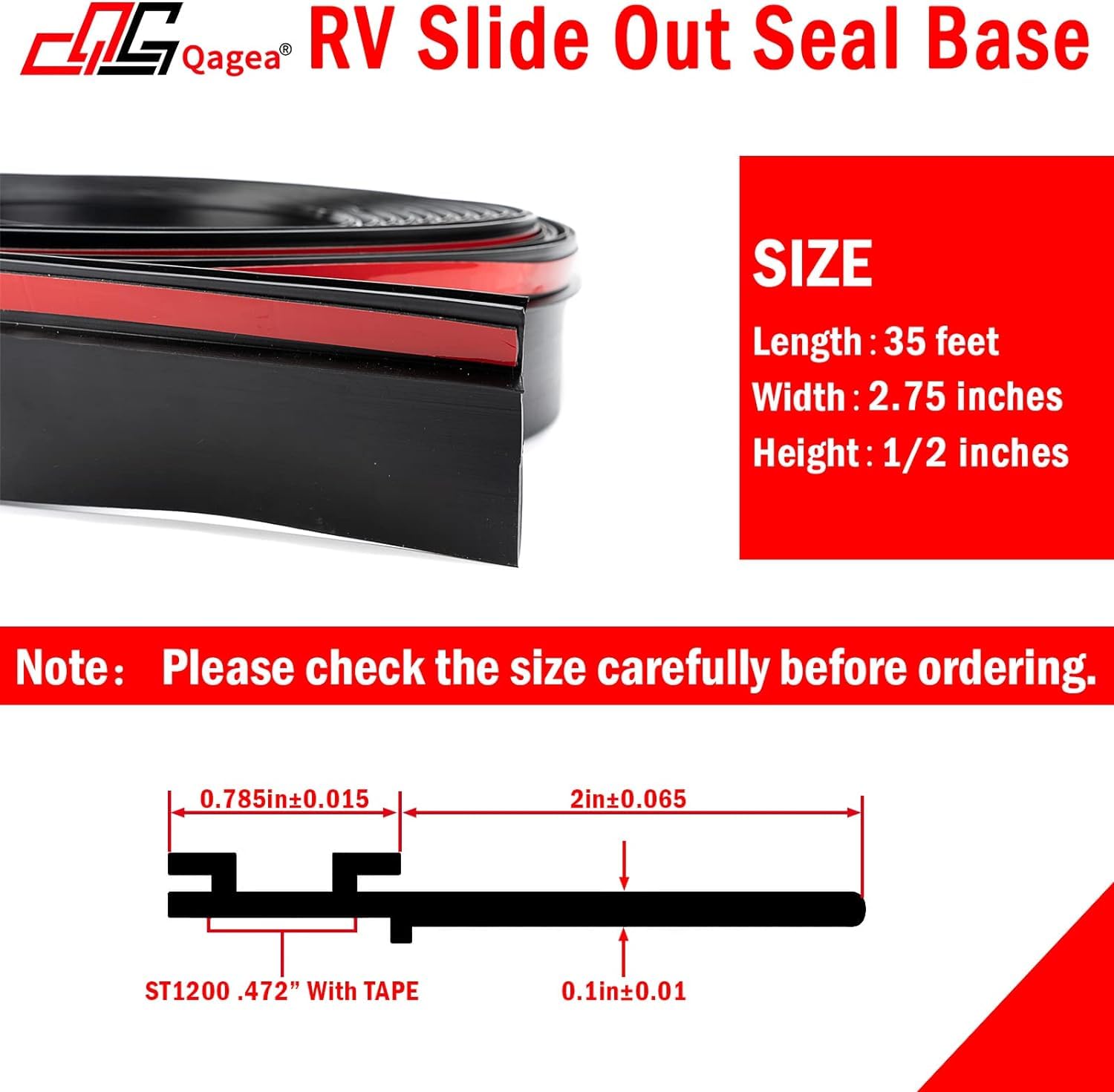 Qagea Rv Slide Out Seal Base 018-341 Ek Weather Stripping 1/2' X 2.75' X 35' Black Rubbers