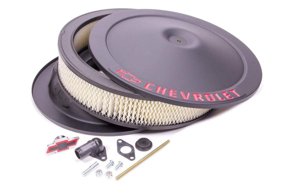 Proform Air Cleaner Assembly, Classic, 14 In Round, 3 In Element, 5-1/8 In Carb Flange, Drop Base, Red Chevrolet Logo, Steel, Bl