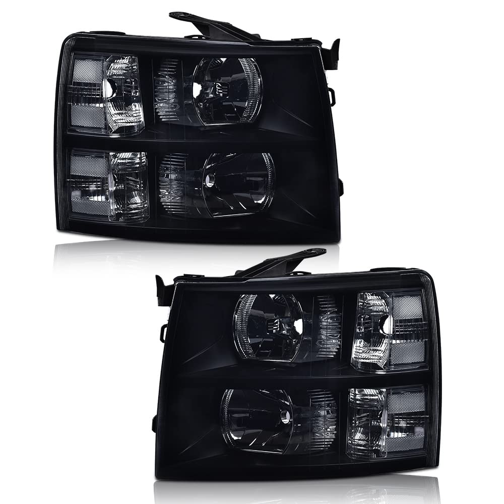 Pit66 Headlights, Compatible With 07-13 Chevy Silverado 1500 /Silverado 2500 3500 & Hd 07-14 Smoky Lens Black Housing Clear Reflector