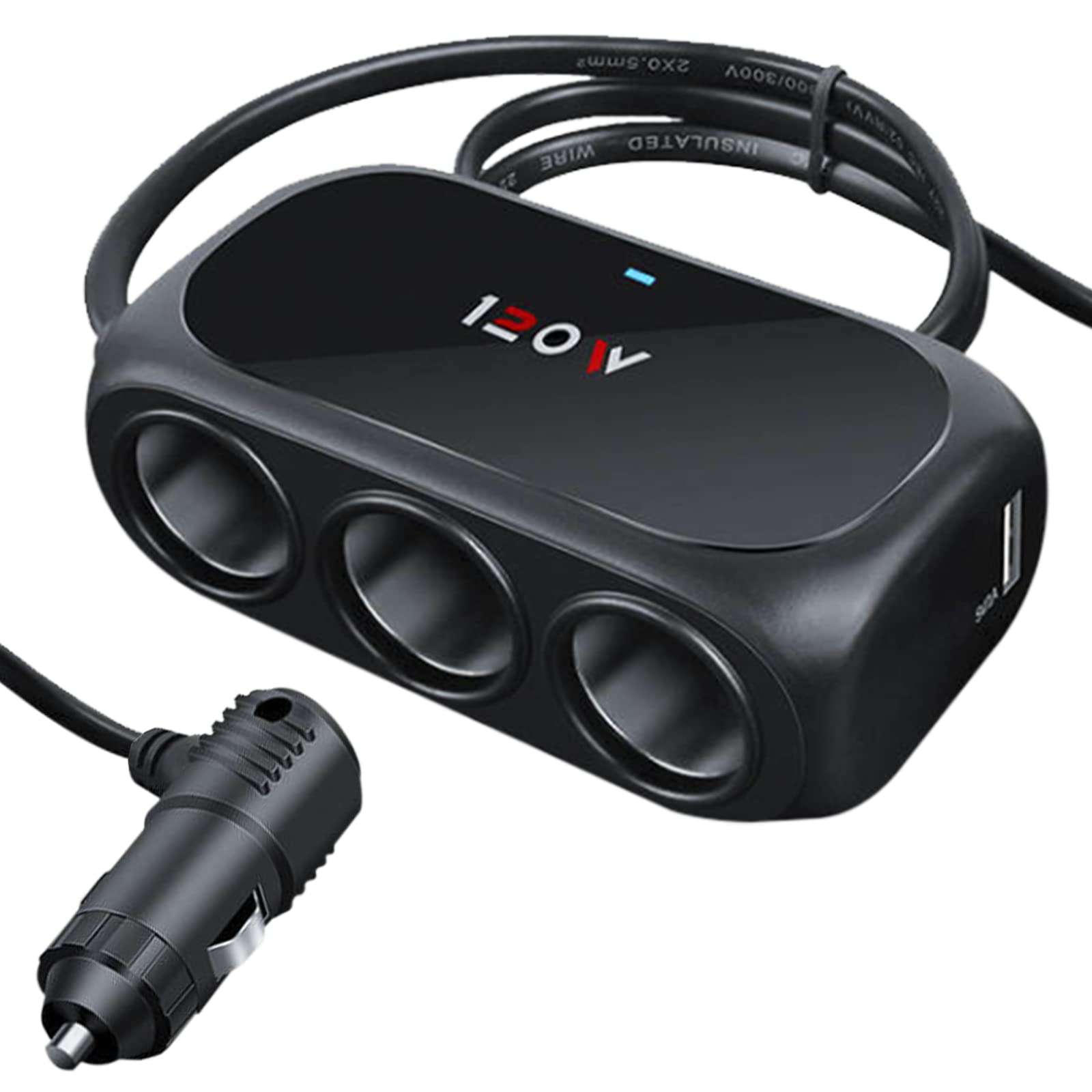 3-Socket Car Cigarette Lighter Splitter Adapter, 2 Usb Splitter Extender [120W] [12V/24V] [3.1A Dual Usb Car Charger] [Black] Fo