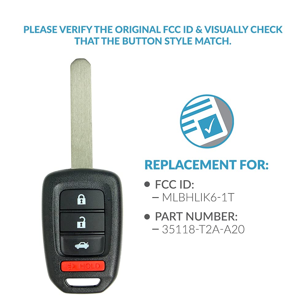 Keyless2Go Replacement for Keyless Entry Remote Car Key Fob for Select Honda Accord & Civic Vehicles