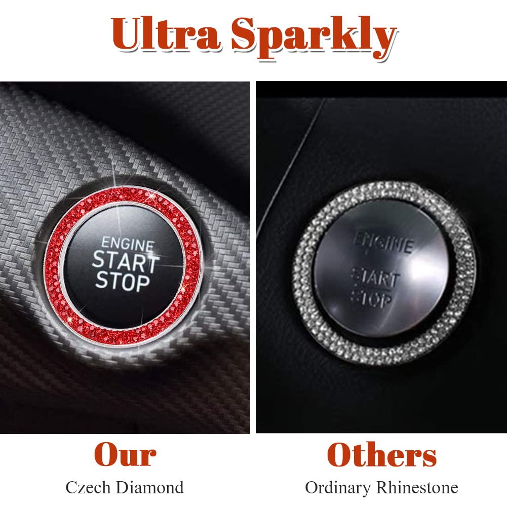Tobequeen Red Push Start Button Bling Car Accessiries,Crystal Rhinestone Start Engine Car Bling Ring Emblem Sticker Interior Decoration,Push To Start Button Cover/Sticker,Key Ignition & Knob Ring,Red