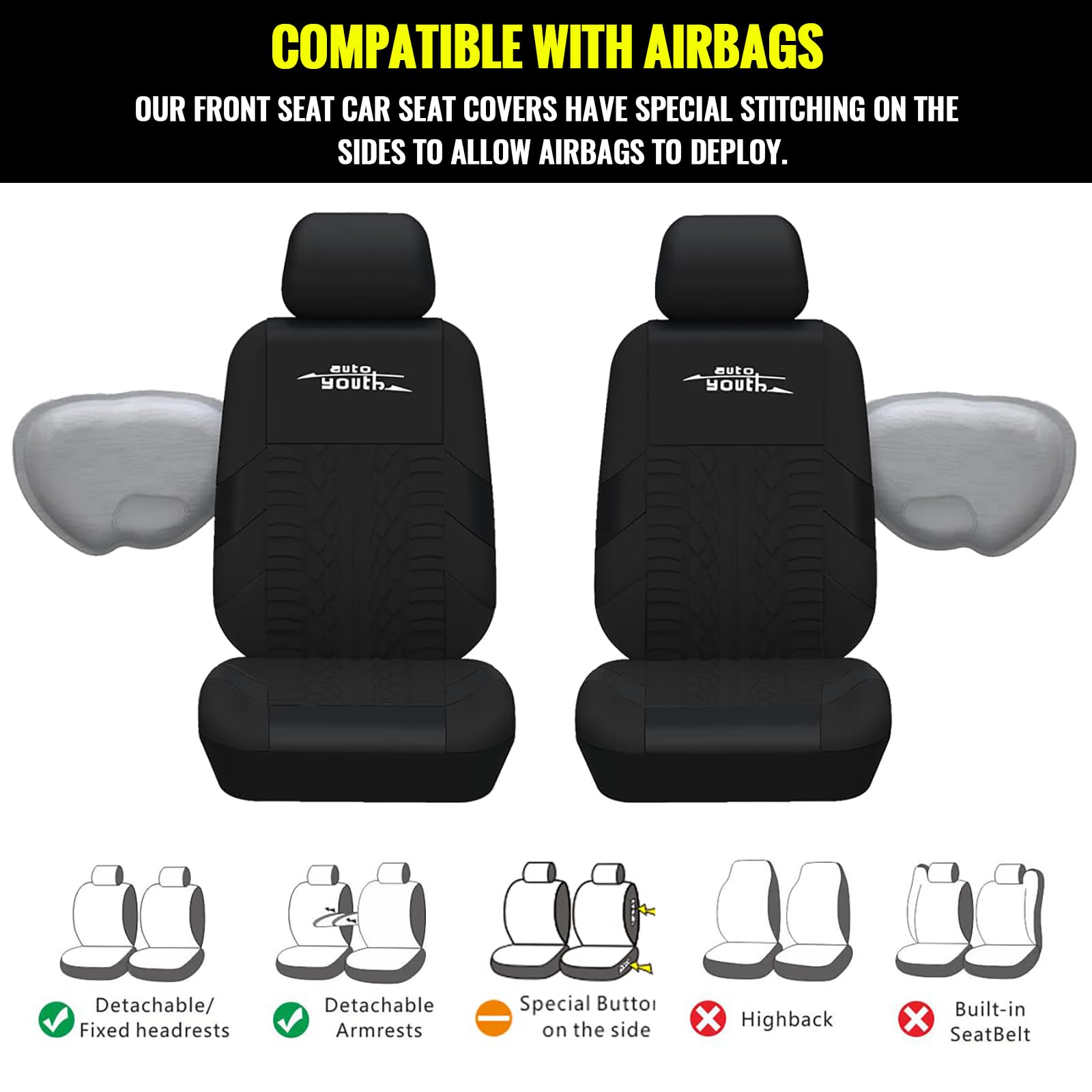 Autoyouth Black Car Seat Covers Full Set, Front Seat Cover With Split Bench Car Seat Cover Set For Women Full Set Seat Protector