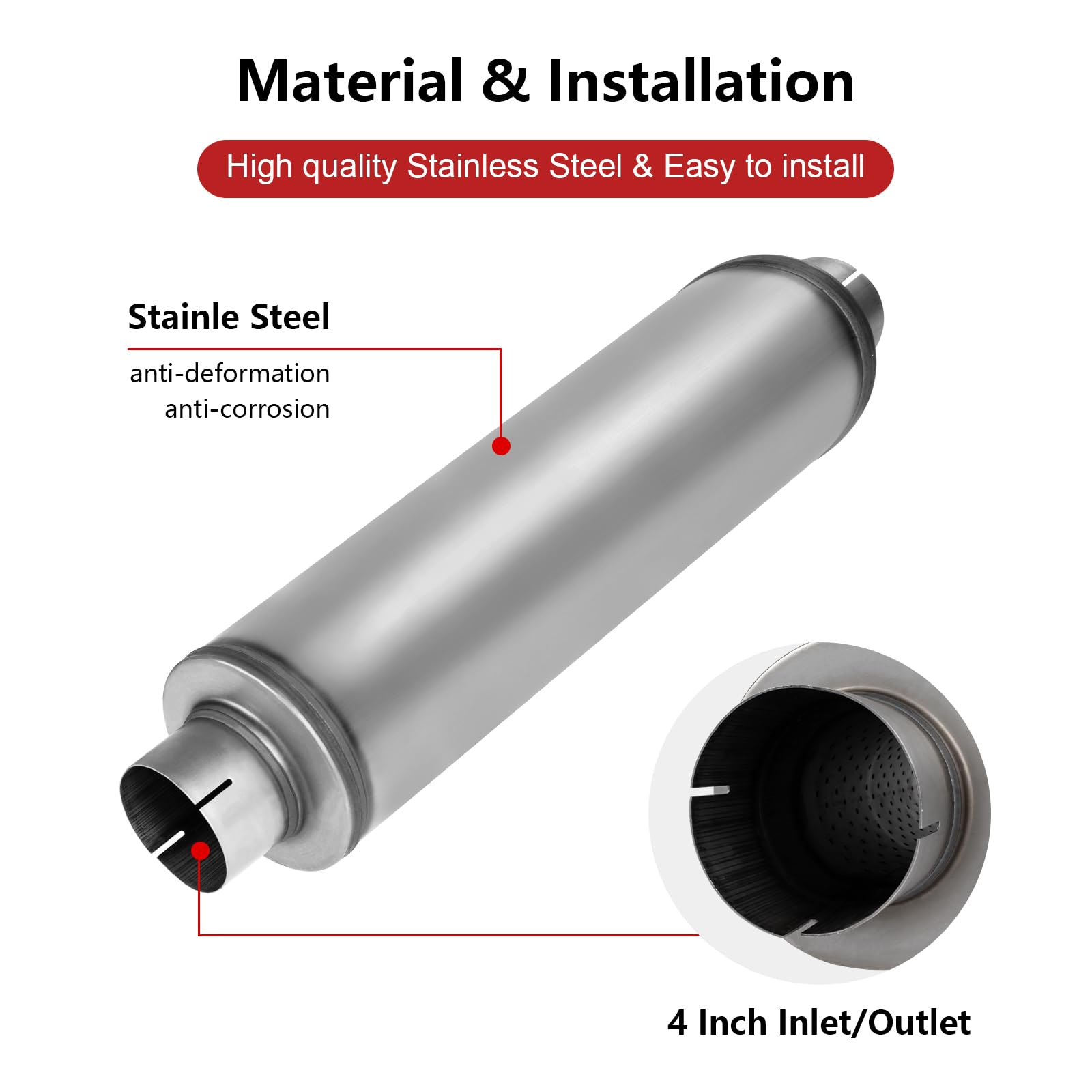 4' Inlet Diesel Exhaust Muffler,4 Inch Inlet/Outlet Resonator Muffler Straight Through Stainless Steel 30' Whole Length,Welded On Exhaust Tip