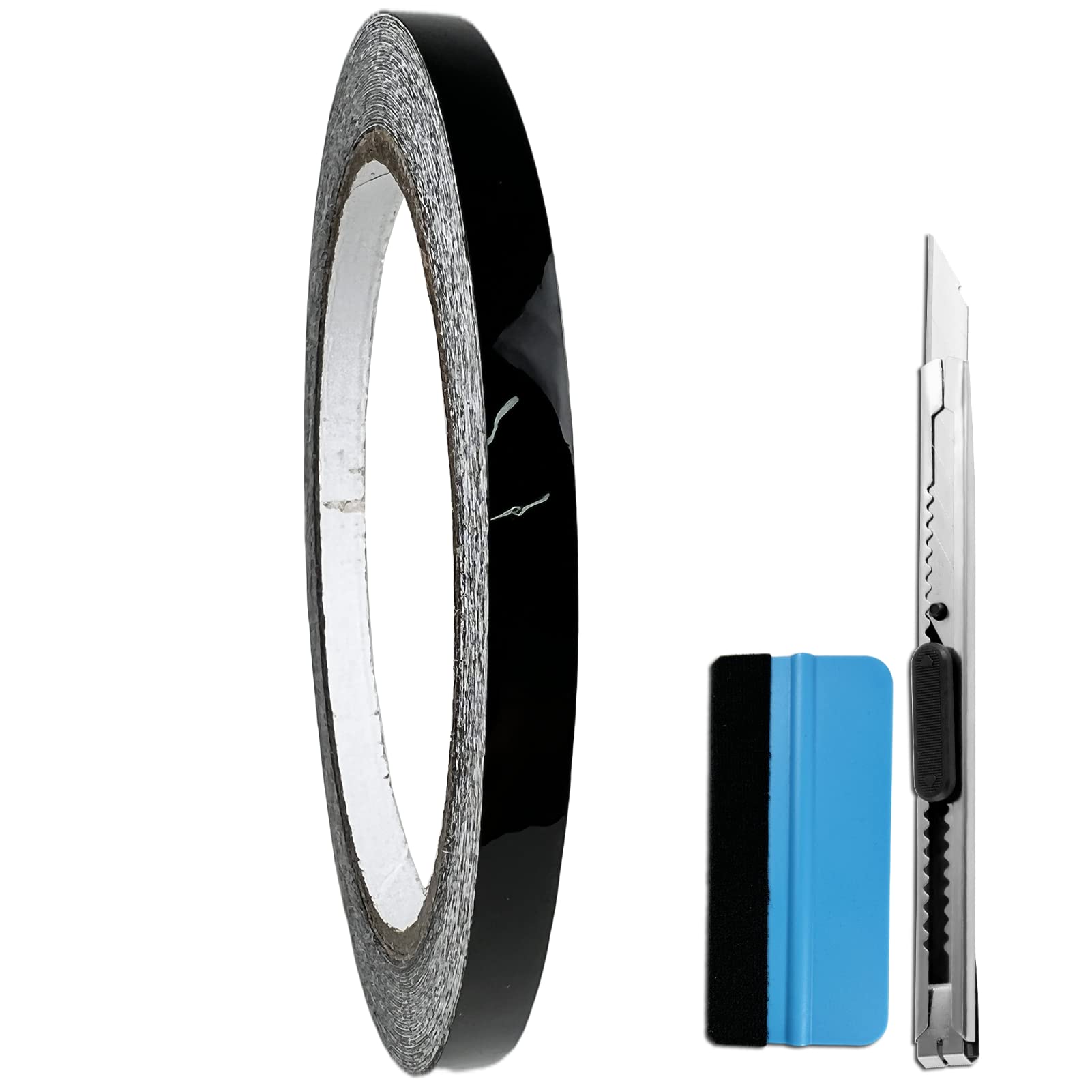 Lzlrun Black Gloss Air-Release Adhesive Vinyl Tape Roll - Come With Installation Tool Set (1/4' X 30Ft)