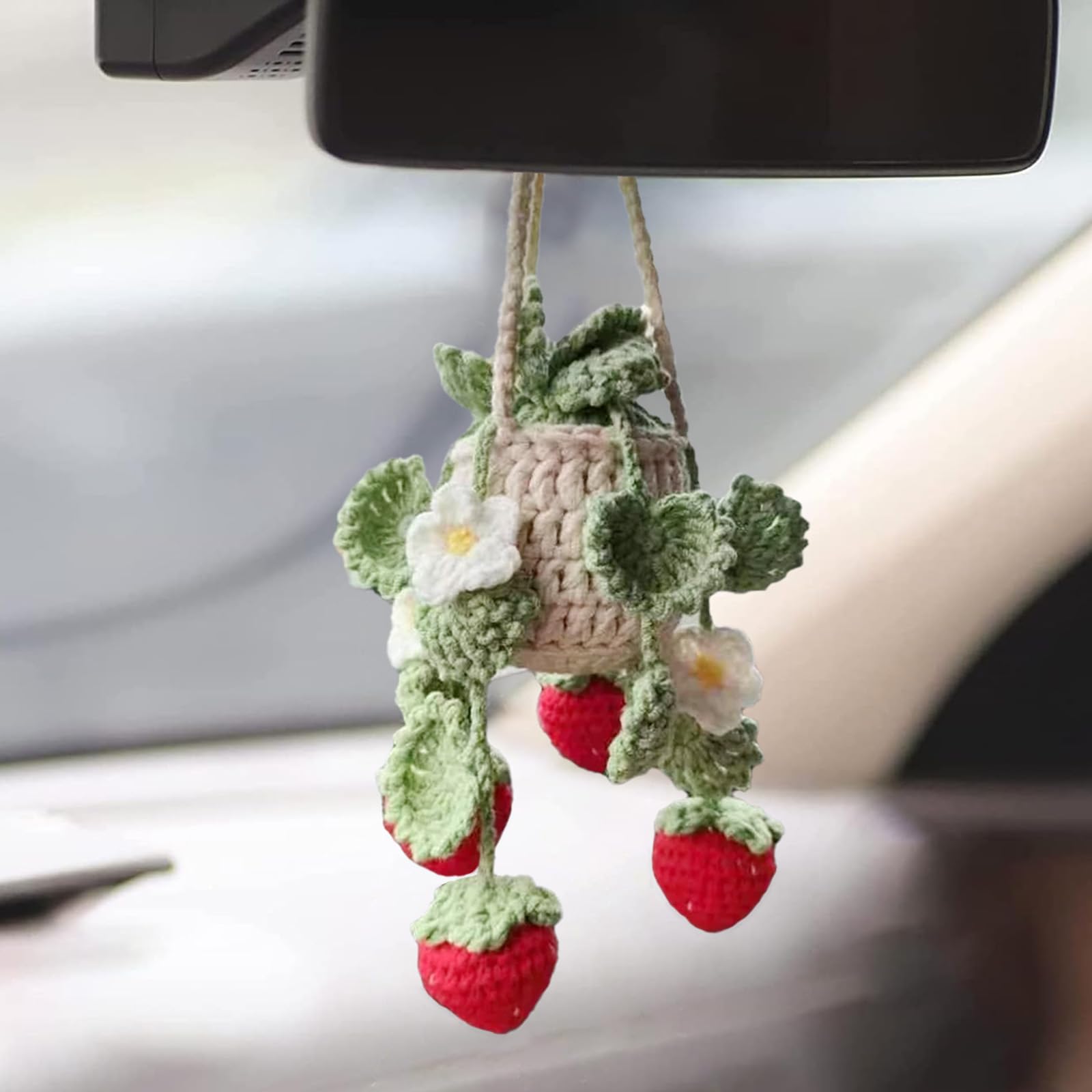 Cute Crochet Plant for Car Rear View Mirror,Boho Handmade Car Mirror Hanging Accessories for Women Girls,Green Interior Aestheti