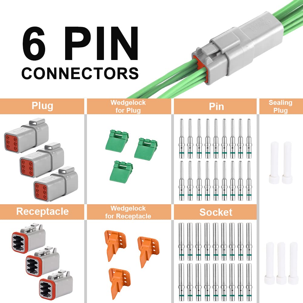 Jrready St6115 Dt 6 Pin Connector Gray Waterproof Electrical Wire Connector With 14-20 Awg Contact And Seal Plug,3 Sets