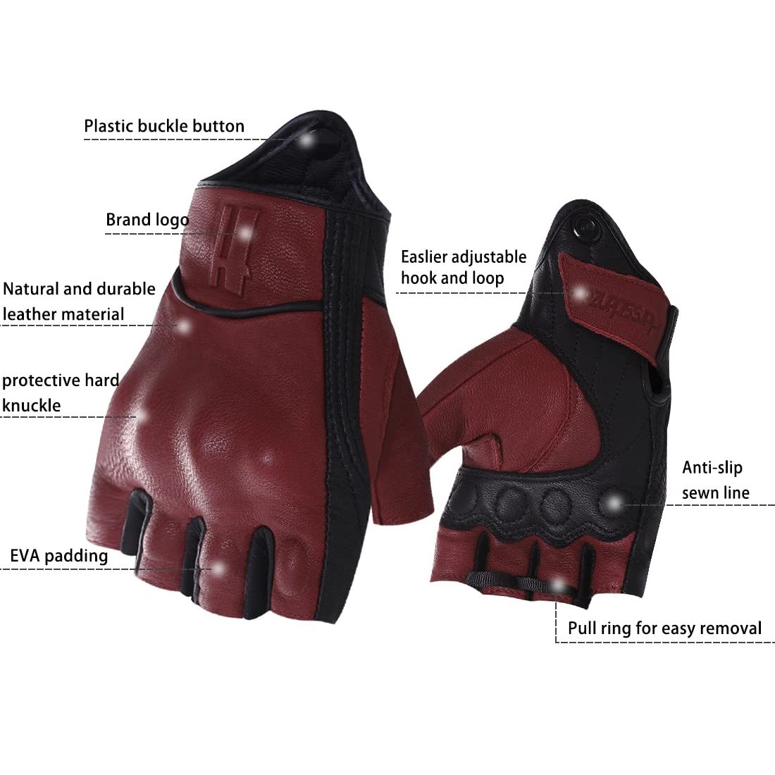 Harssidanzar Mens Half Finger Goatskin Leather Motorcycle Gloves Gm037,Oxblood/Black, Size S