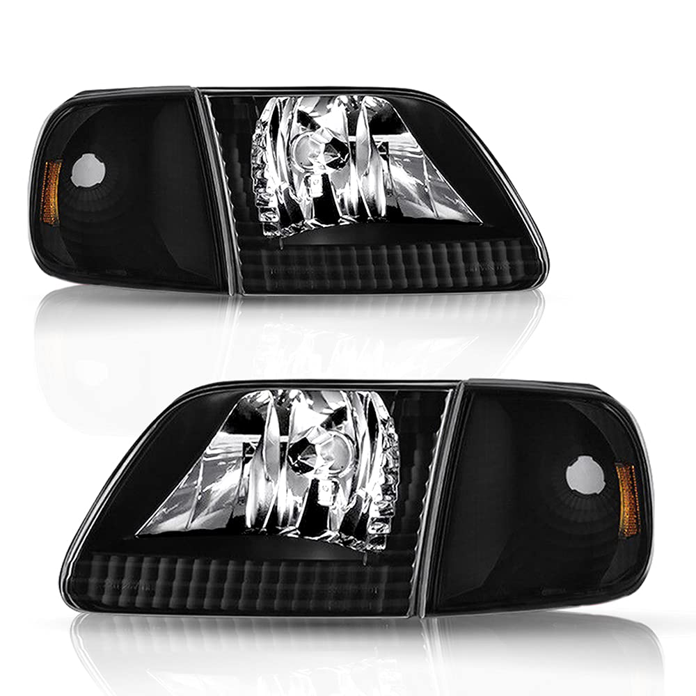 Bryght Headlight Assembly Compatible With Ford 1997-2003 F150 / 2004 F150 Heritage / 1997-2002 Expedition / 1997-1999 F250 Light Duty With Corner Lights 4Pcs (Black Housing With Amber Reflector)