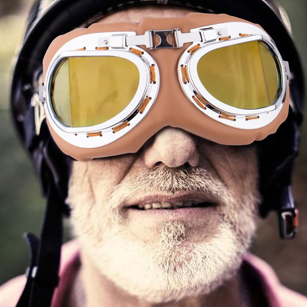 Peicees Vintage Helmet Goggles Motorcycle Goggles Bike Motorcross Pilot Goggle, Copper Silver-Amber