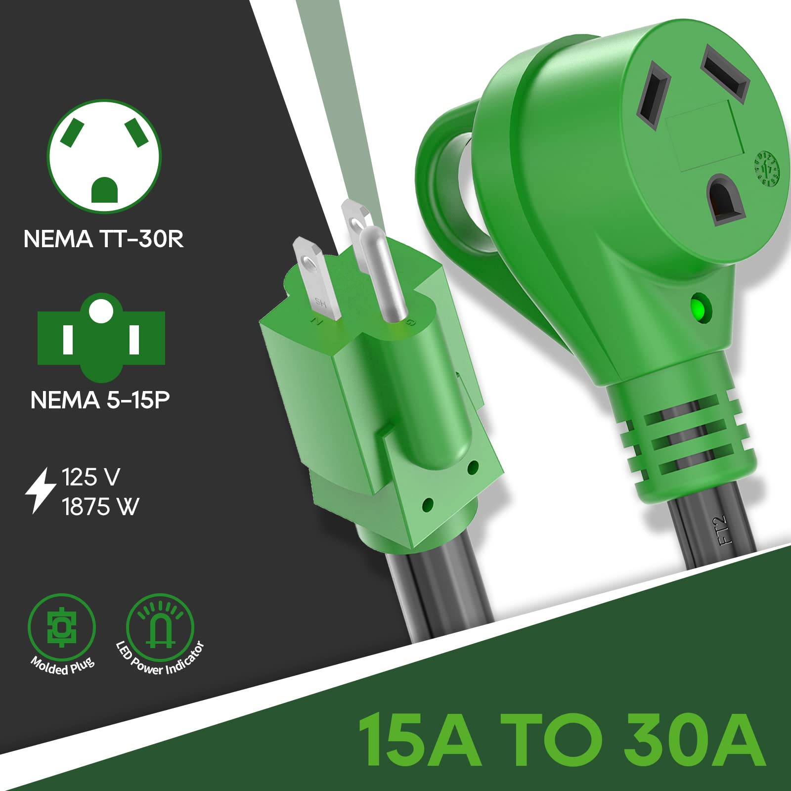 Rvguard 30 Amp To 110 Volt Rv Adapter Cord 12 Inch, Nema 5-15P To Nema Tt-30R Electrical Power Adapter With Led Power Indicator,