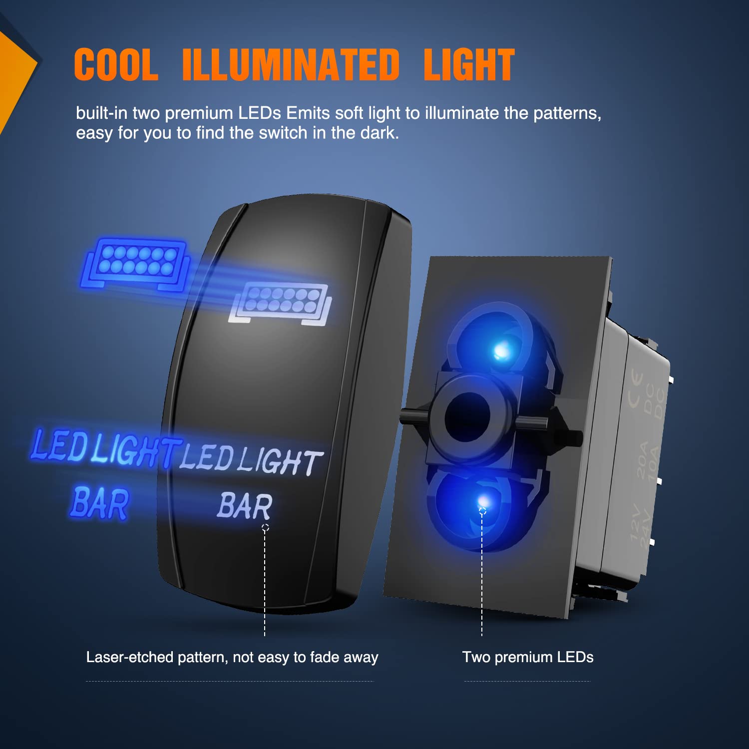 Nilight 2 Pack Rear Lights Rocker Switch Led Light Bar Rocker Switch 5Pin Laser On Off Spst Switches 20A/12V 10A/24V Switch Blue