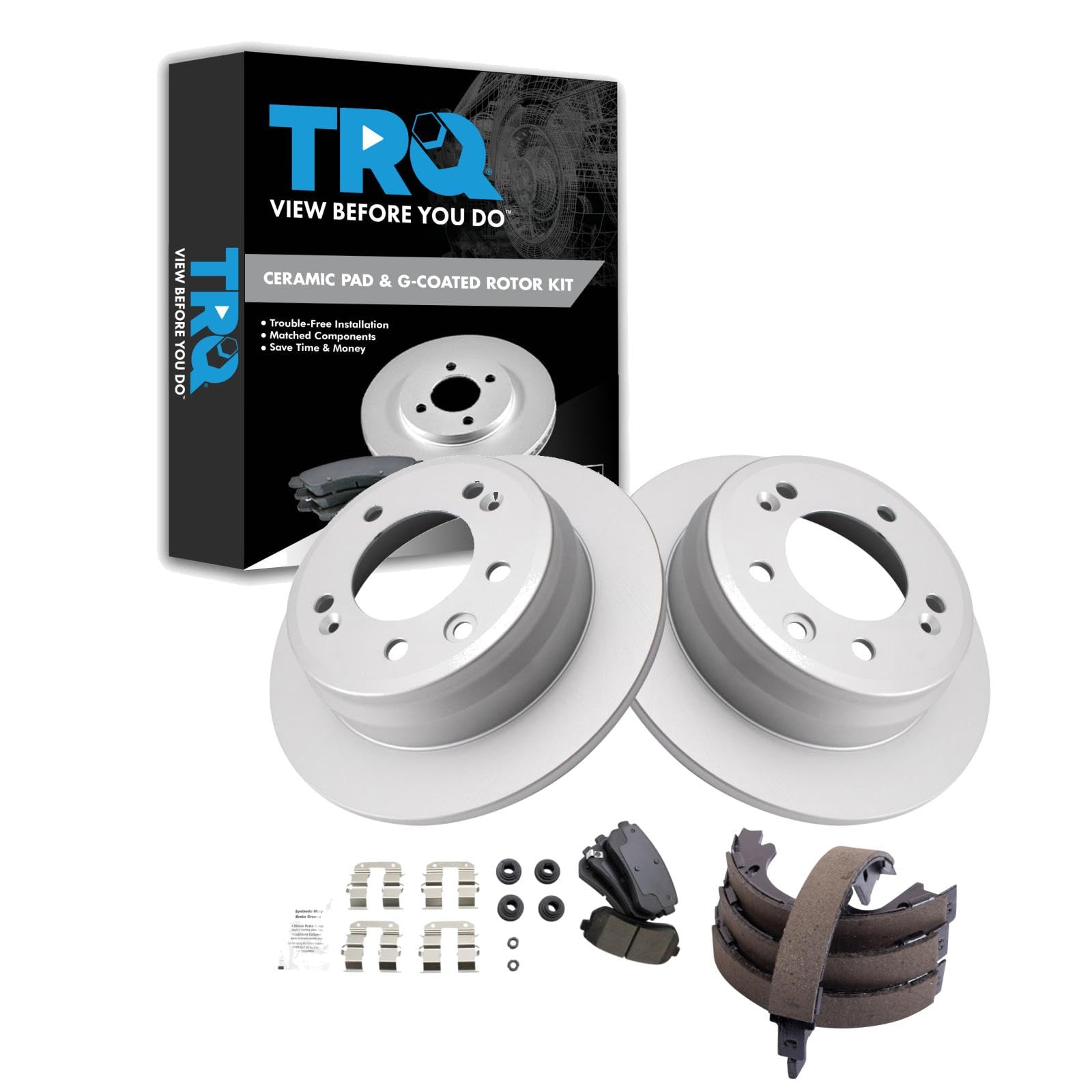 Trq Rear Brake Pad & Rotor Kit Brake Pads Brake Rotor Parking Brake Shoe Set Ceramic Premium G-Coated Compatible With 2010-2015