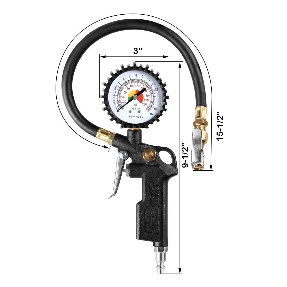 CZC AUTO Tire Inflator Deflator Air Pressure Gauge with Rubber Hose, 2-1/2' Dial Wheel Inflator Gage with Straight Brass Lock-on Chuck Compatible with Air Pump Compressor for RV Car Motorcycle Bike