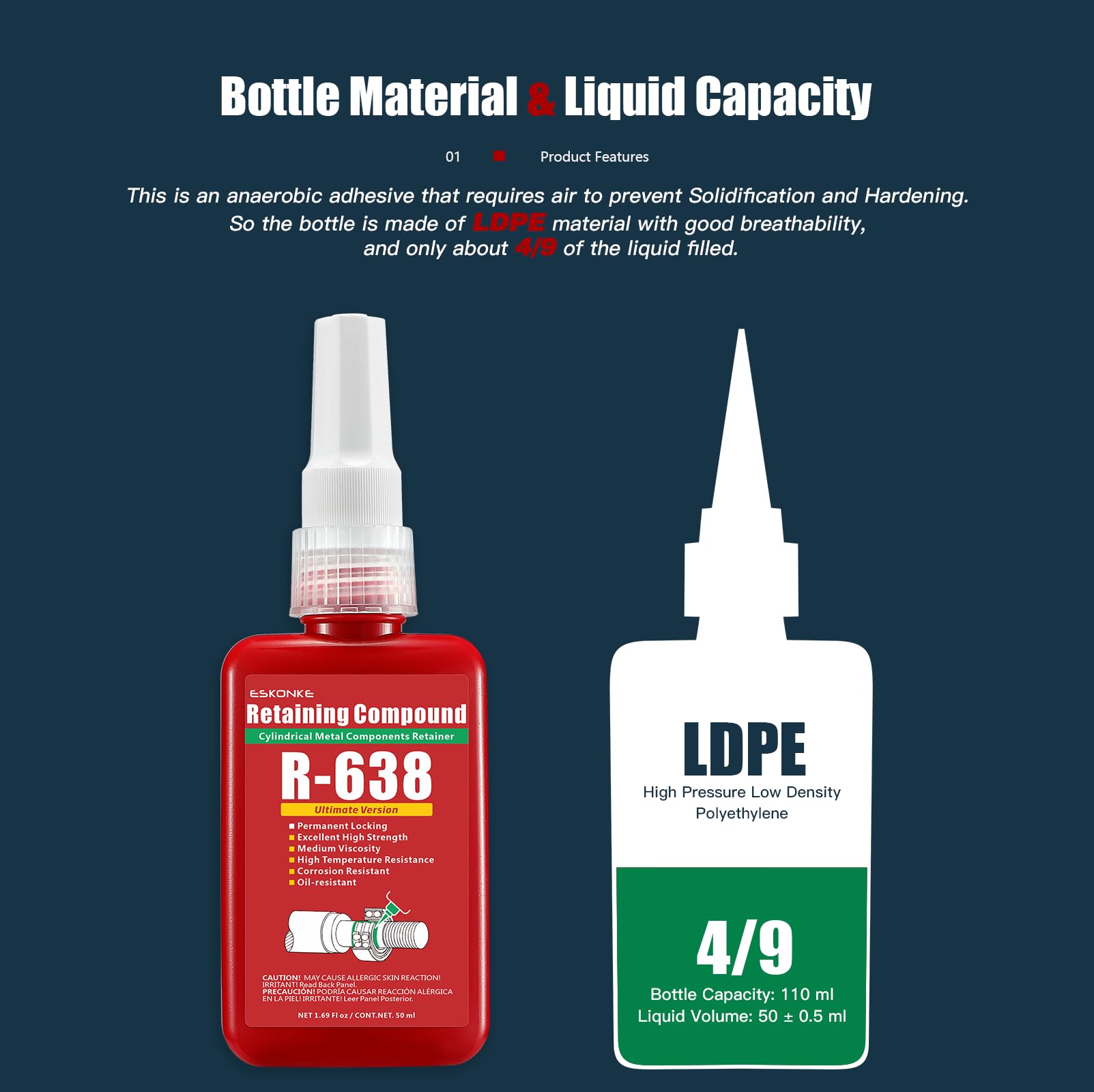 Eskonke Retaining Compound Green 638 Sleeve Retainer High Strength Cylindrical Metal Components Glue 1.69 Oz Assemblies Locking