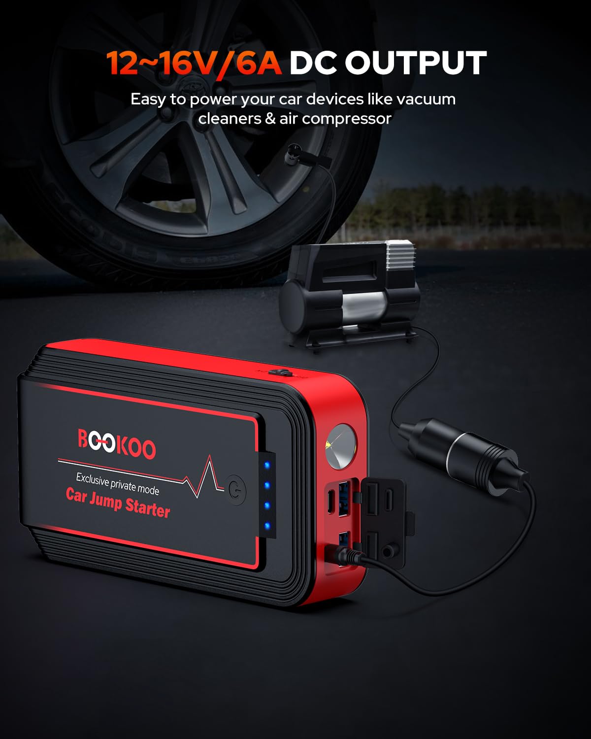 BooKoo Jump Starter 3000A - Portable Car Battery Jumper Pack for 12V Gas & 8.0L Diesel, Red & Black, Model H9, with Power Bank
