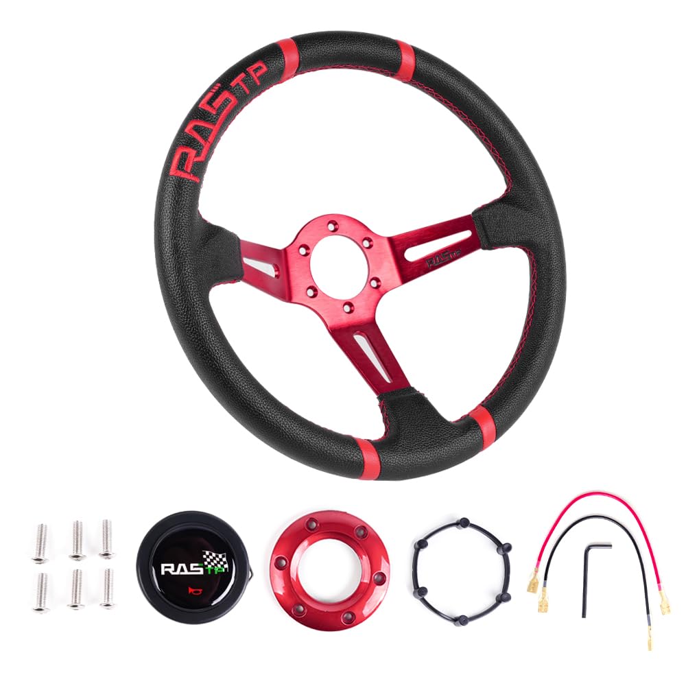 Rastp Universal Racing Steering Wheel,Deep Dish Steering Wheel Leather Embroidery 13.58”/345Mm 6 Bolts With Horn Button Include Cable, Wrench,Red