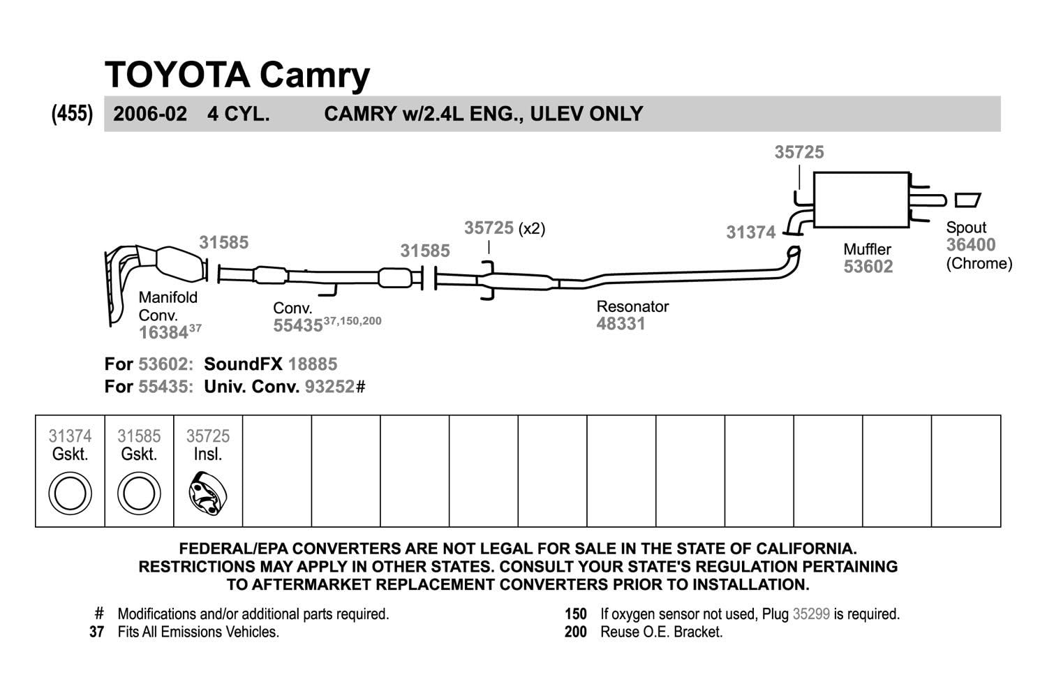 Walker 48331 Direct Fit Exhaust Resonator And Pipe Assembly For Toyota Camry