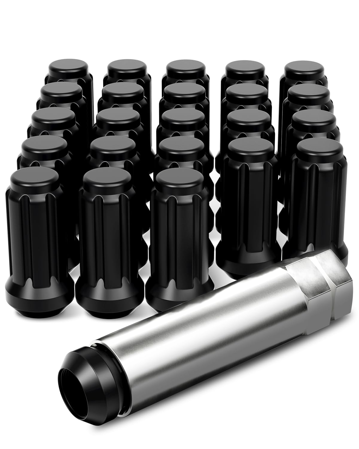 Orion Motor Tech M14x1.5 Lug Nuts Black with Spline Tuner, XL 2 inches Length Conical Wheel Nut, Compatible with Chevy GMC Ford 