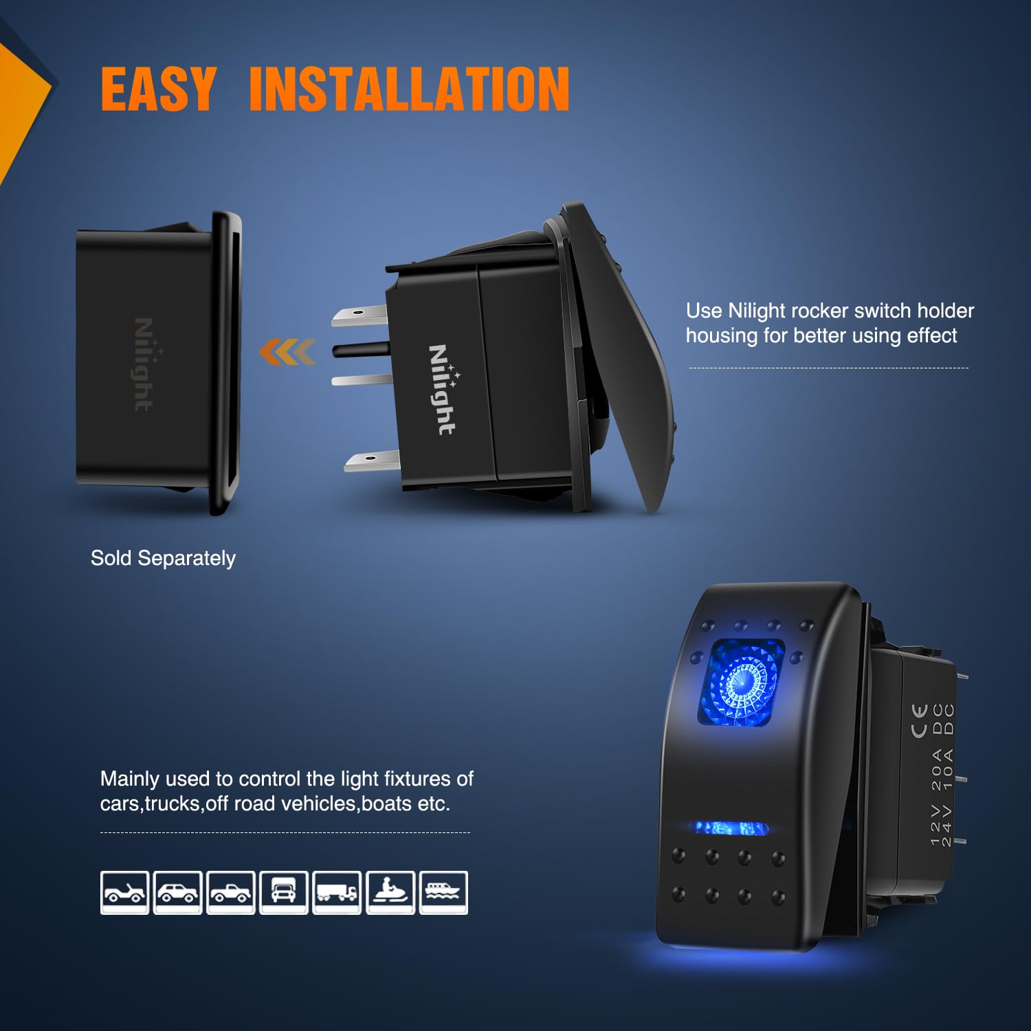 Nilight 3 Pack Rocker Switches With Night Glow Diy Stickers On Off 5 Pin Spst Led Light Switches With Blue Backlit 12V/24V Toggl