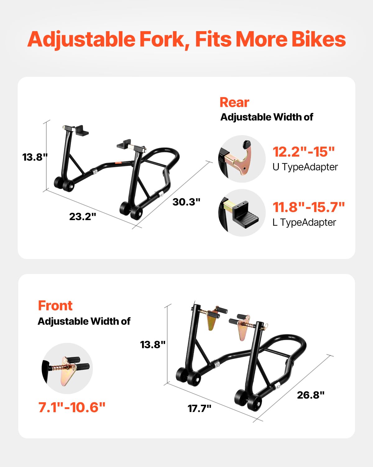 VEVOR Motorcycle Stand Lift, 1100lbs Capacity Front Rear Combo Stand Lift, Front Wheel Dual-Fork Stand, Rear U+L Fork Swingarm S