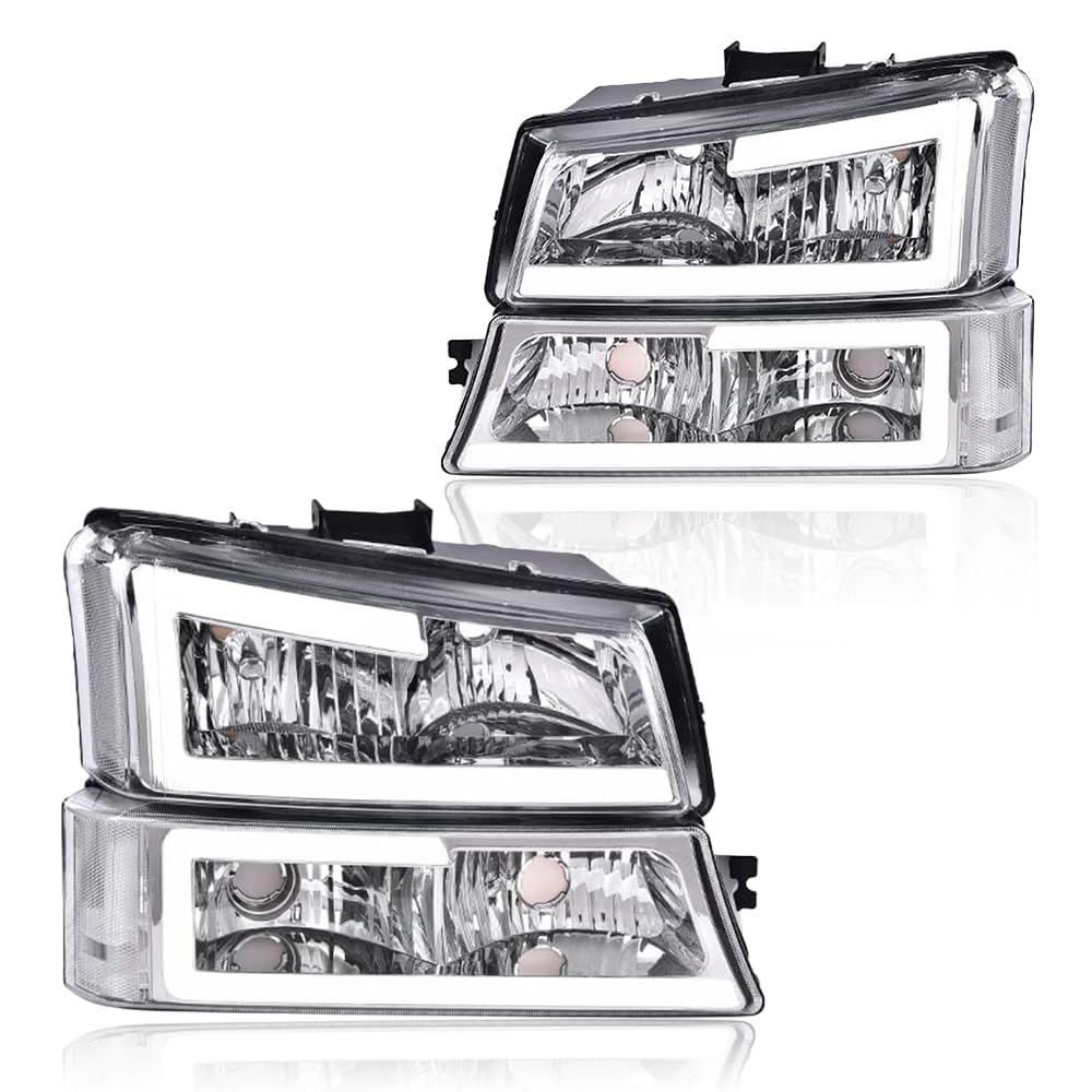GRAND ORANGE LED DRL Headlights Assembly Compatible with Chevy Avalanche/Silverado 1500 2500 2003-2006 Headlamps, Clear Lens Chr
