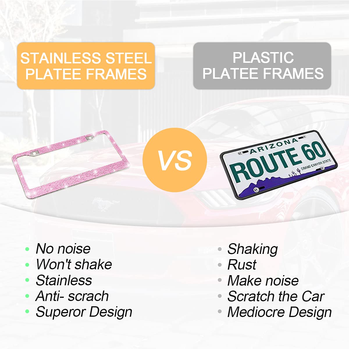 Bling Car License Plate Frame, Handcrafted Crystal Stainless Steel, Sparkly, Durable, Universal Fit, Car Accessories For Girls,