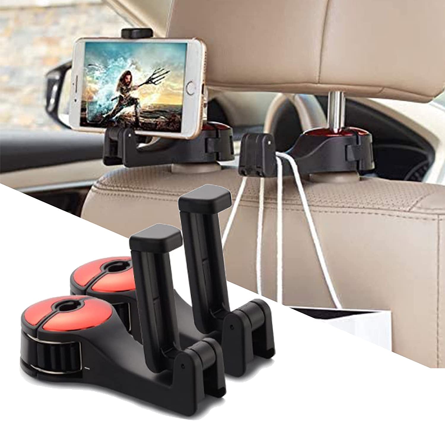 Luteti 2 Pcs Car Rear Seat Hooks with Phone Holder, 2 in 1 Universal Car Headrest Hooks with Locking Design, Auto Seat Hanger Ho