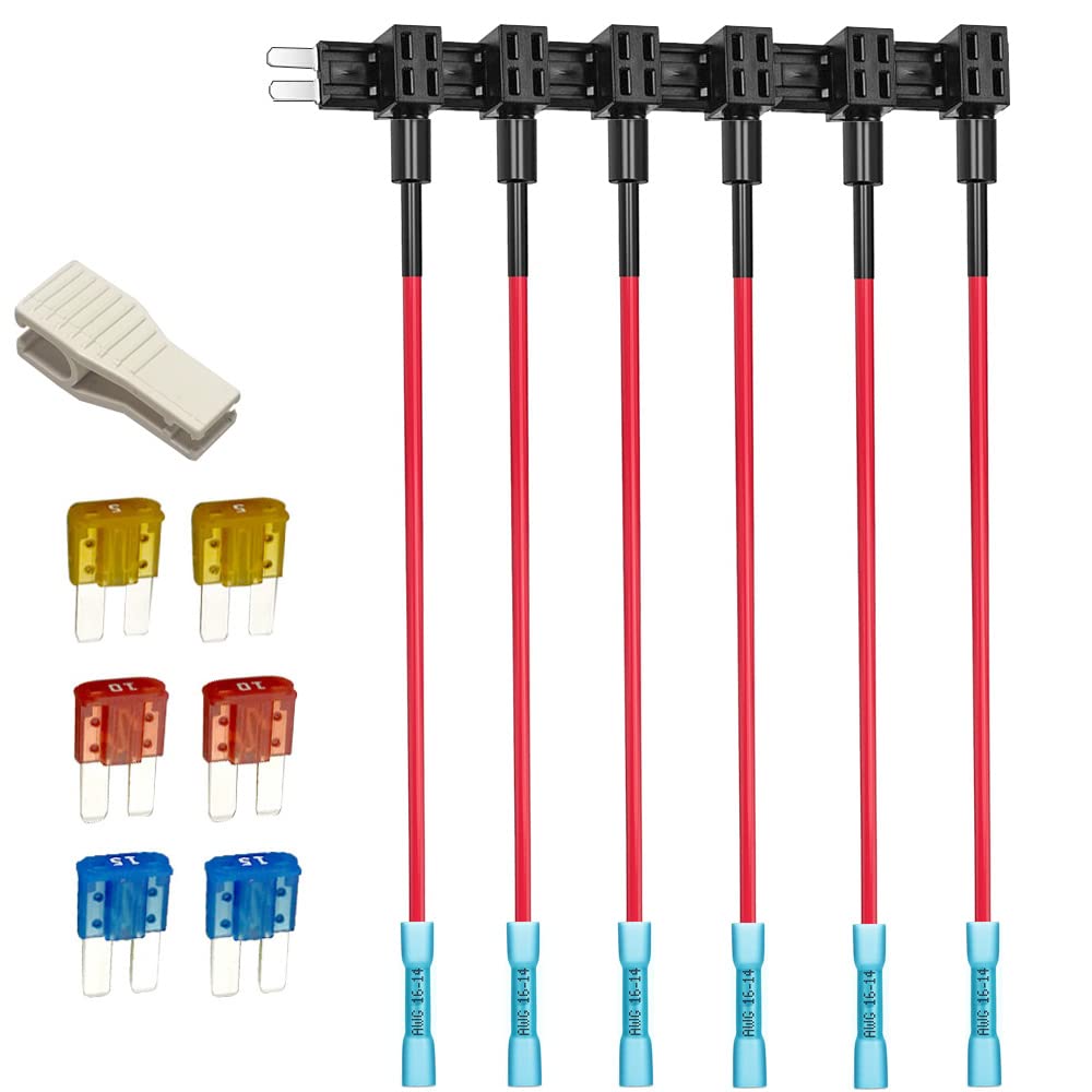 Gebildet 6Pcs 12V 24V Add-A-Circuit Micro 2 Fuse Tap With Heat Shrink Terminals, Piggy Back Blade Fuse Holder With Wire Harness,