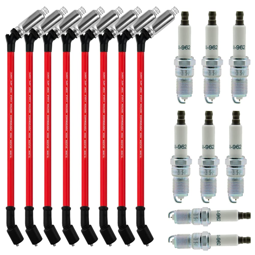Spark Plugs and Wires for Chevy 5.3, Spark Plug 41-962 * 8 + Spark Plug Wires *8 9748HH 10.5mm (red) Fit for Chevrolet Silverado