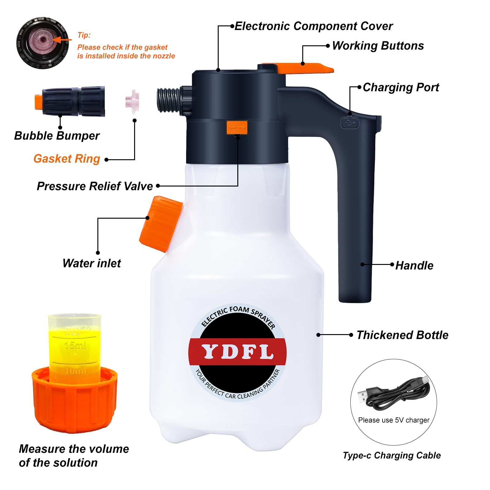 Ydfl Electric Foam Sprayer With Usb Charge, 2L Electric Pressurized Foam Sprayer For Car Washing,Foam Sprayer Suitable For Home,