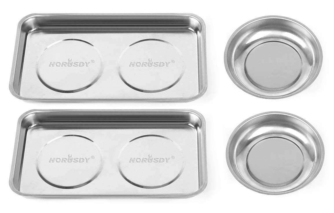 HORUSDY 4-Piece Large Magnetic Parts Tray Set, Stainless Steel Heavy Duty 9.5 W x 5.5L Square and 4.5 Round Magnetic Trays Too