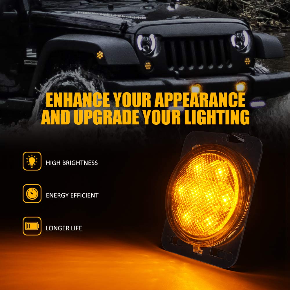 Xprite Led Amber Front Fender Side Marker Light Assembly With Clear Lens Compatible With Jeep Wrangler Jk Unlimited 2007 2008 20