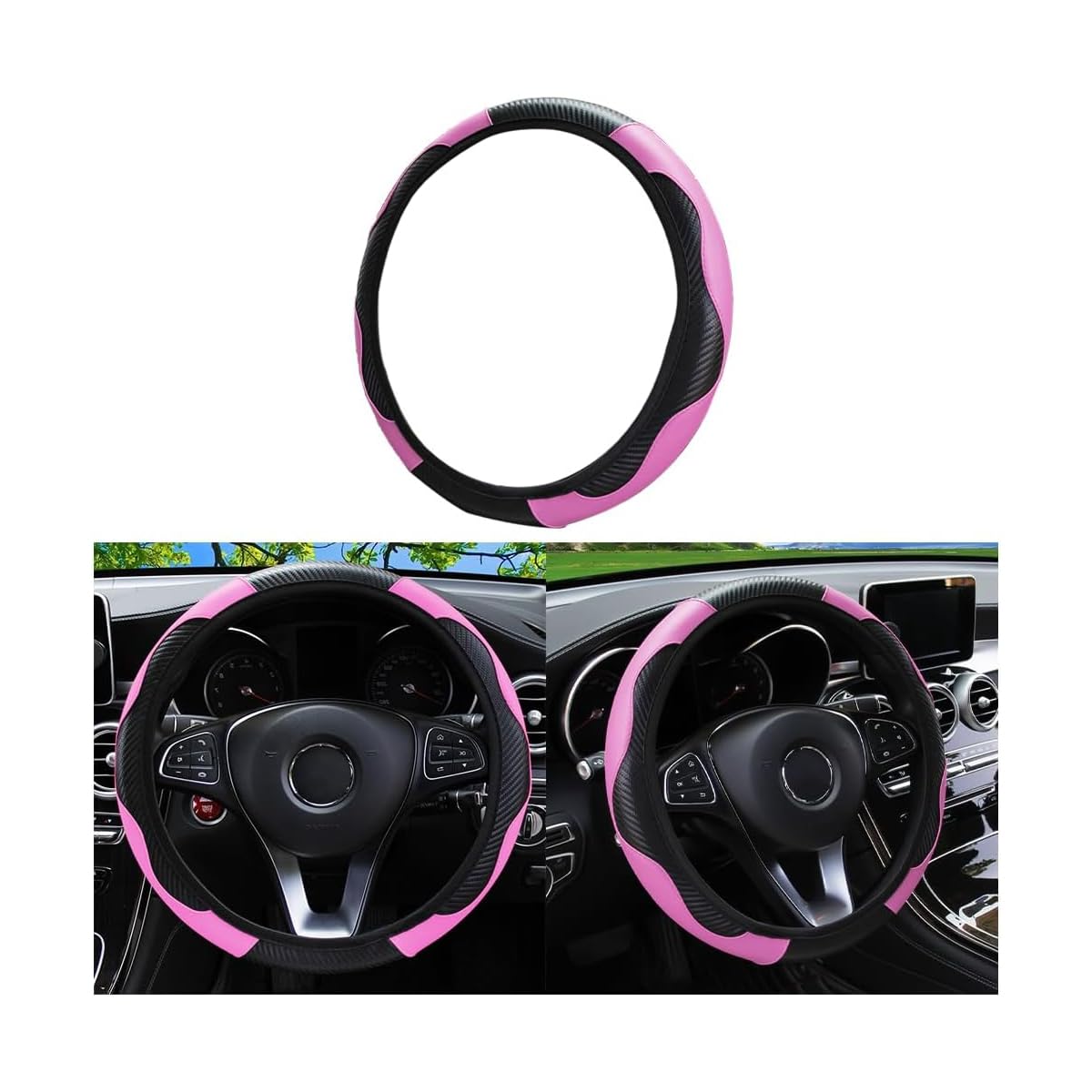 15 Inch Car Steering Wheel Cover, Carbon Fiber Microfiber Leather Elastic Stretch, Anti-Slip Breathable Steering Wheel Protector For Women Men, Car Accessories For Suv, Truck, Van (Black/Pink)