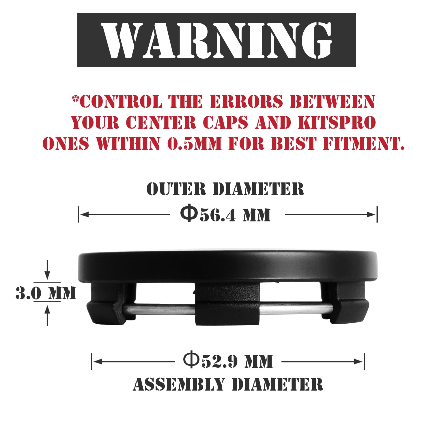 KitsPro 2.2 Inch Wheel Center Caps, Matte Black, Pack of 4 (Outer 56MM, Inner 53MM) - Durable, Stylish Fit for Your Wheels