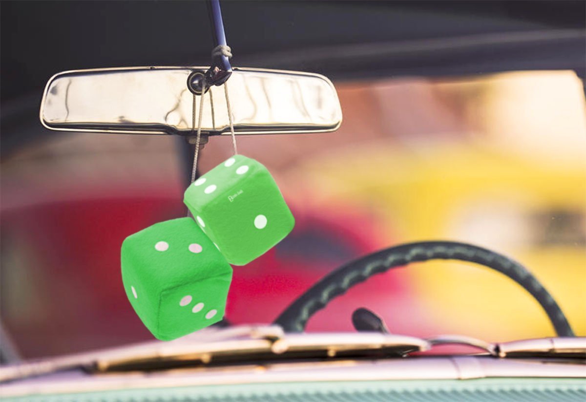 Zento Deals Pair Of Hanging Black Dots Fuzzy Dices Nostalgic Retro (Green)